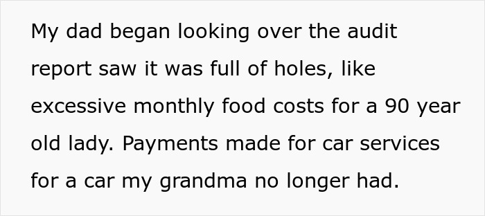 Audit report showing excessive costs and car payments for a 90-year-old lady leading to $420K+ penalties and bankruptcy.