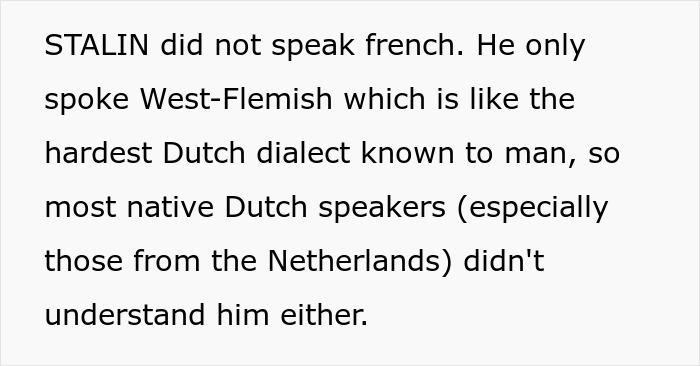 Text box about Stalin's language skills, humorously relating to employee revenge.