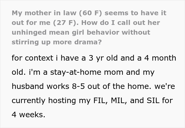 Mulher pede ajuda à Internet para denunciar o “comportamento de menina malvada e desequilibrada” de sua MIL Mulher pede ajuda à Internet para denunciar o “comportamento de menina malvada e desequilibrada” de sua MIL