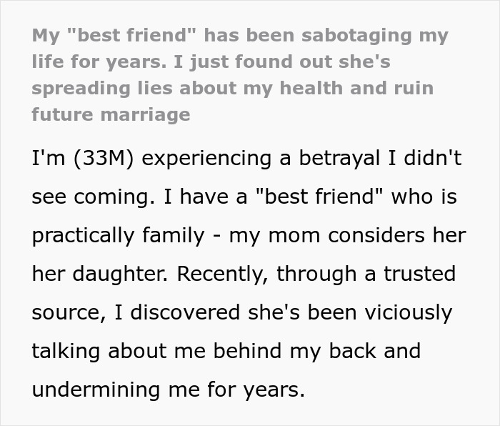 Text from a Reddit post describing a toxic bestie sabotaging a man's love life and spreading lies about his health.