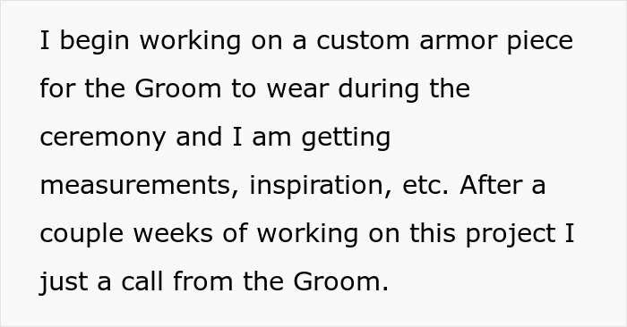 Alt text: Custom armor piece being crafted for Groom amid ex-girlfriend cheating drama at friend's wedding plans.