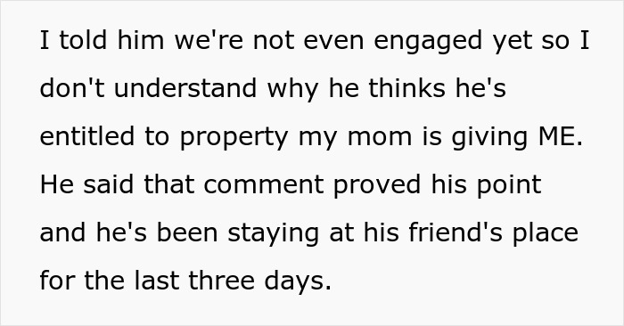 Text on a screen discussing a woman accepting property in her name, leading to a boyfriend's personal attack.