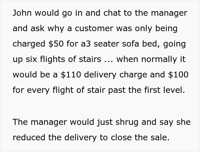 Text describing helping an overworked and underpaid friend by supporting and negotiating with a manager for fair delivery charges.