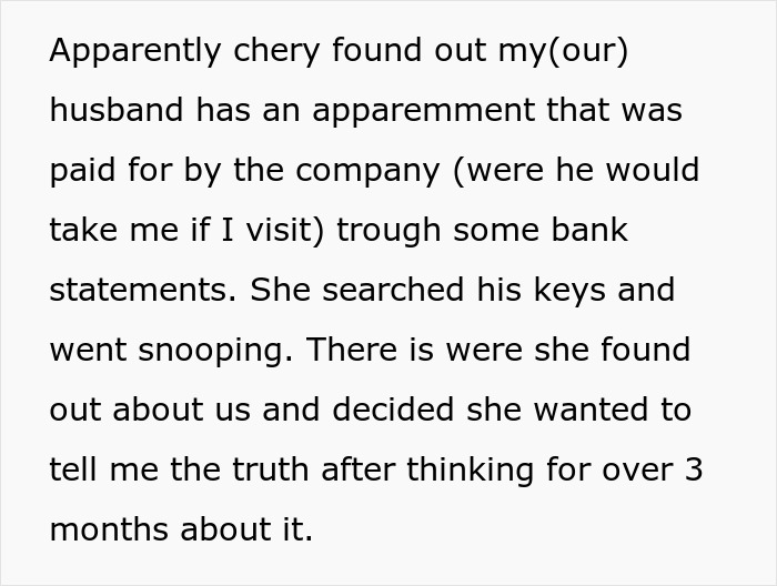 Text on a white background: a woman finds her husband's secret wife after snooping through bank statements and keys.