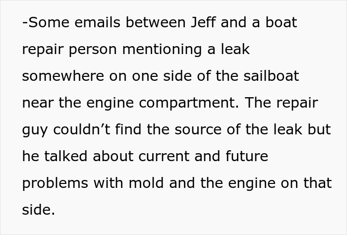 Text snippet showing emails about a sailboat leak, mold, and engine issues, hinting at revenge destroying a new life.
