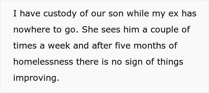 Text excerpt: "I have custody of our son while my ex has nowhere to go. She sees him a couple of times a week and after five months of homelessness there is no sign of things improving." This describes a dad's custody situation with his homeless ex.