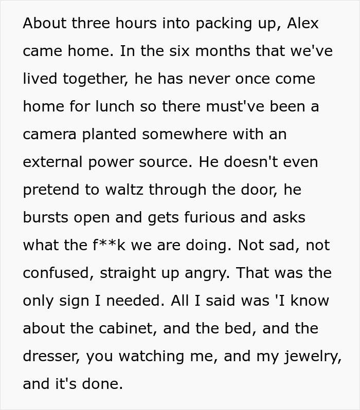 Text excerpt describing a man’s suspicious behavior setting dangerous traps, leading to his girlfriend suspecting him and leaving. Text excerpt describing a man’s suspicious behavior setting dangerous traps, leading to his girlfriend suspecting him and leaving.