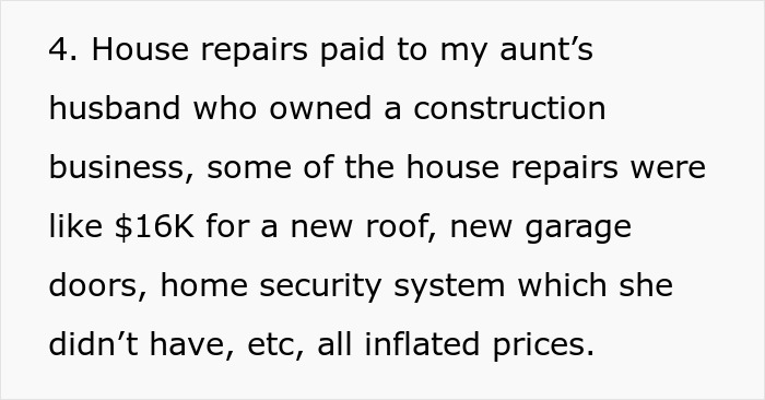 House repairs paid to aunt&rsquo;s husband with inflated prices contributing to financial penalties and family conflict.