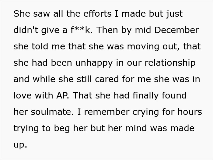 A screenshot of text on a light background, detailing a woman leaving her marriage, leading to divorce.