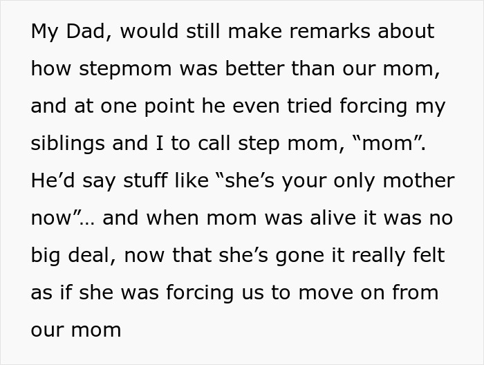 Text on a light background describing a dad pushing kids to replace their late mom with a new stepmom.