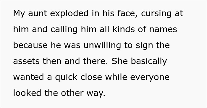 Text excerpt describing a family conflict involving asset signing and unfair behavior leading to financial penalties and revenge.