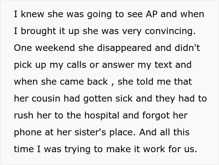 Text excerpt detailing a husband's suspicion and his wife's excuse for disappearing, leading to divorce due to an affair.