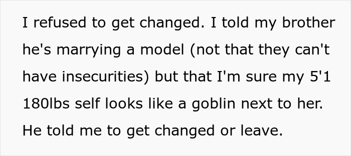 Text describing a sister's refusal to change a dress picked by the bride, leading the groom to ask her to leave the wedding.