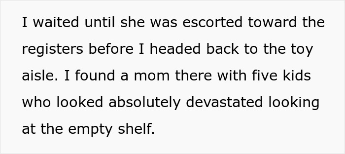 Text excerpt from a store showing a scalper being escorted by police after a confrontation over bulk items. Text excerpt from a store showing a scalper being escorted by police after a confrontation over bulk items.