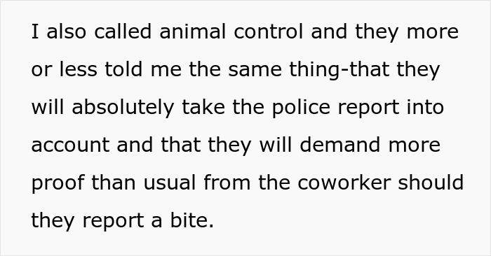 Text on white background discussing animal control requiring proof from coworker about a dog bite related to revenge and animals.