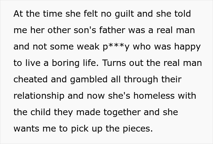 Text detailing an ex's past choices and their consequences, now seeking help from a dad who won't play savior.