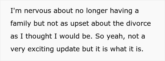 Text update about a woman's feelings regarding her divorce, noting relief despite initial nervousness about family.