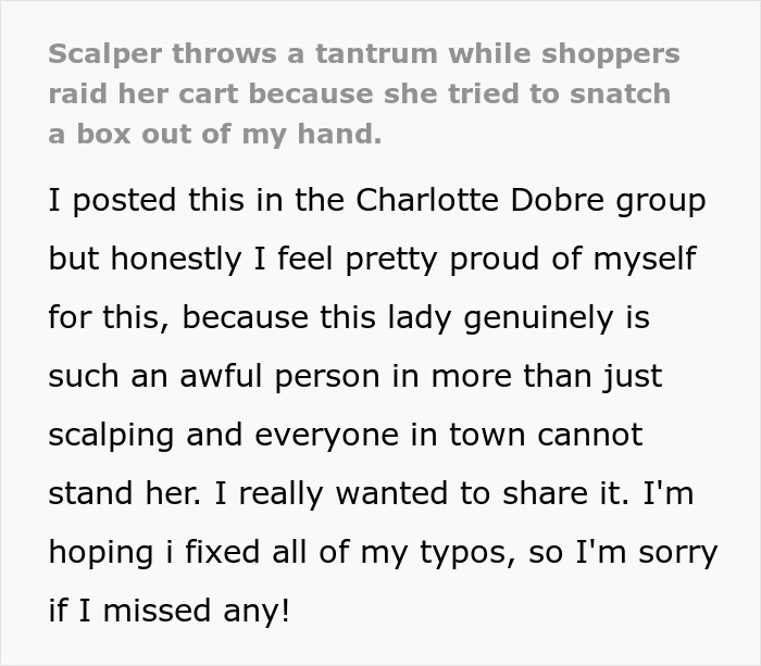 Scalper throwing a tantrum in a store as shoppers take bulk items, leading to her being banned and police involvement. Scalper throwing a tantrum in a store as shoppers take bulk items, leading to her being banned and police involvement.