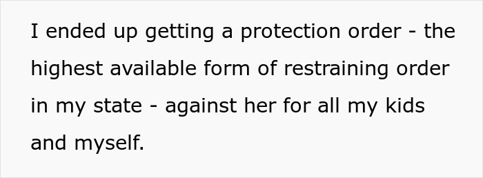 Text image showing a woman sharing a crazy story about her mom involving a protection order for her family.