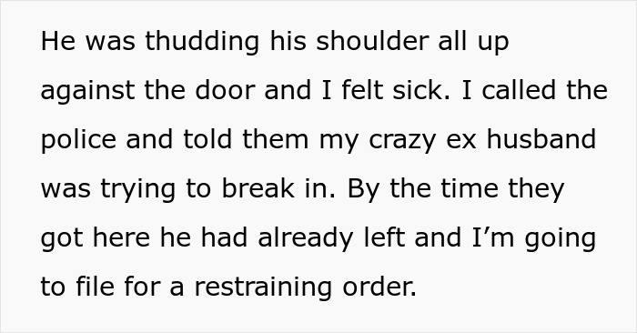 Text excerpt about filing a restraining order after a husband's attempted break-in in a personal revenge affair story.