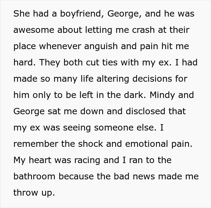Text describing emotional pain after betrayal, highlighting cheating, scamming, and a best friend exposing the truth on local news.