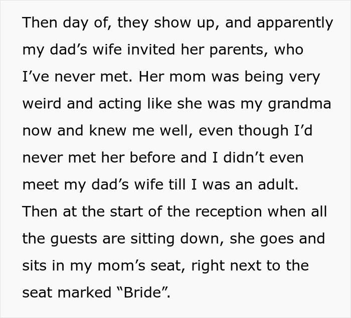 A screenshot of text detailing a stranger's entitlement at a wedding, taking the bride's mother's place at the main table.