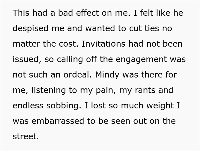 Text excerpt showing emotional impact of betrayal and support from a best friend during a painful breakup.