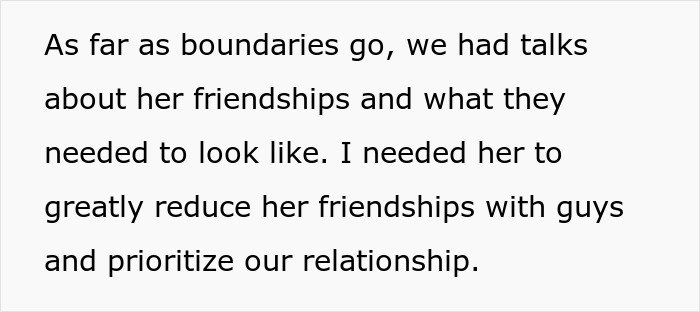 Text from a Reddit post discussing boundaries, friendships, and prioritizing a relationship. A man tries to ignore his gut feeling.