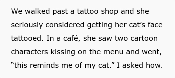 Text excerpt about a woman who considers tattooing her cat&rsquo;s face and reflects on choosing her cat over romance.