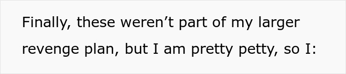 Text overlay: "Finally, these weren't part of my larger revenge plan, but I am pretty petty, so I:". This text relates to a wife's friend taking revenge.