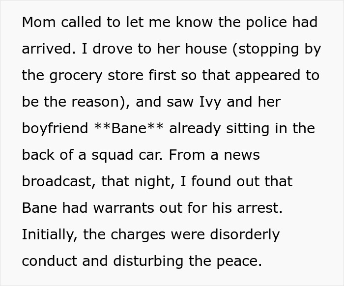 Text excerpt describing police arrival and arrest of a man named Bane related to disorderly conduct charges.