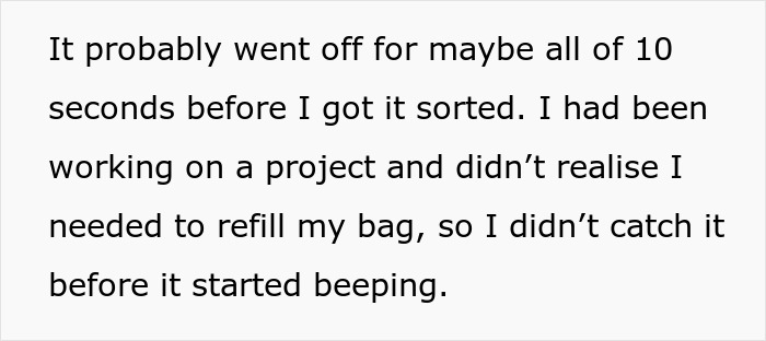 Text describes a feeding tube alarm, an issue for a woman who relies on feeding tube, causing office disruption.