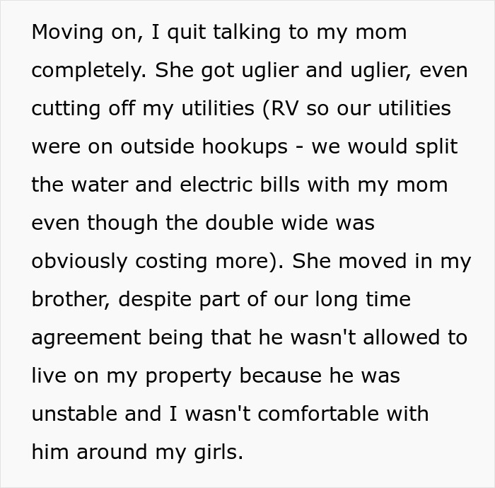 Woman shares a crazy story about her mom cutting off utilities and causing family conflict in a dramatic situation.