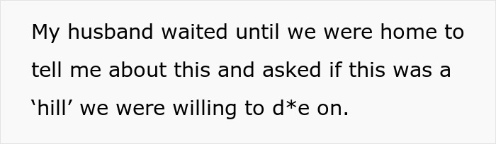 A screenshot of text on a white background, mentioning a husband asking about a 'hill' to 'd*e on' after a fight over a baby name.