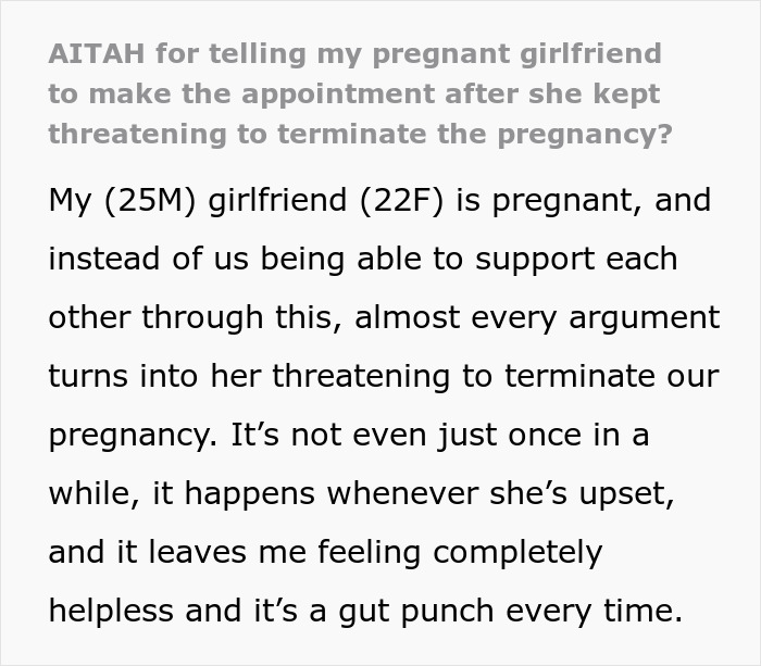 Text excerpt discussing a pregnant girlfriend repeatedly threatening to terminate pregnancy during arguments.