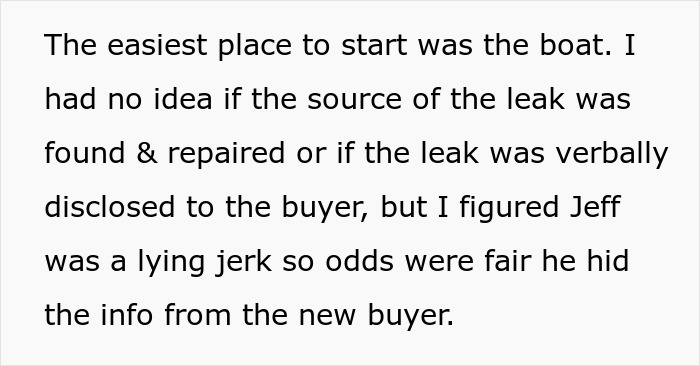 Text describing a plan to take revenge and destroy a man's life, starting with his boat.