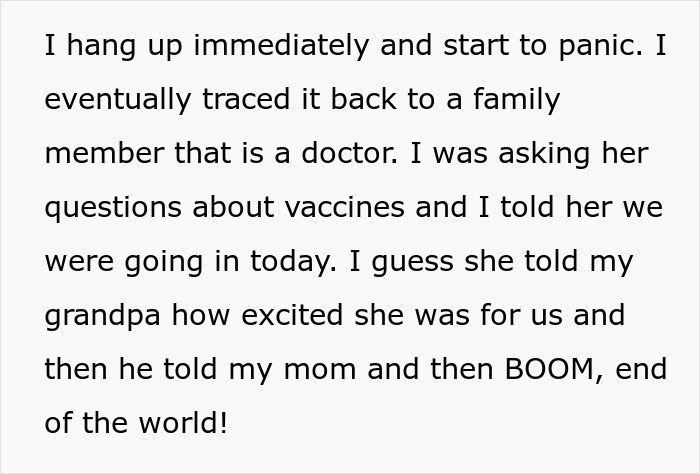 Text about mom&rsquo;s creepy behavior causing shock and panic after vaccine questions shared with family.
