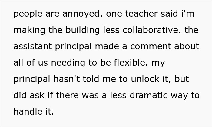 Text on a screen discussing school office staff annoyance over locking practices, mentioning a principal's comment.
