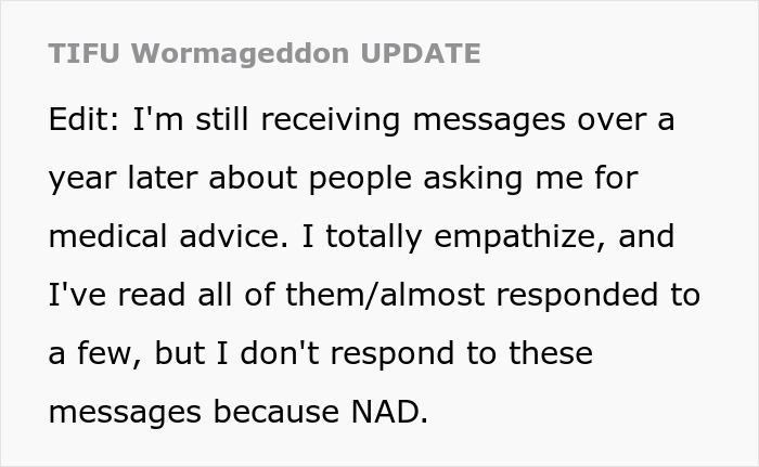 Text update about woman bringing home senior cat and dealing with tapeworms and costly regret.