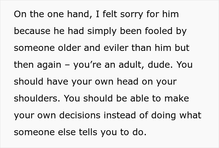 Text excerpt discussing being fooled by an older person, highlighting the importance of making independent decisions.