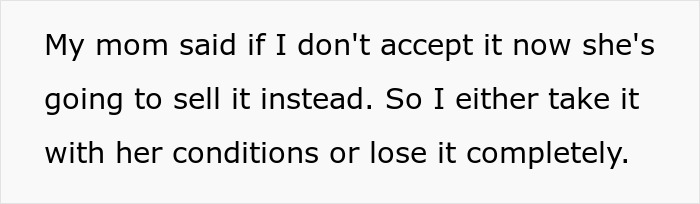 Woman accepting property. A text post details a dilemma regarding accepting property in her name with conditions, or losing it.