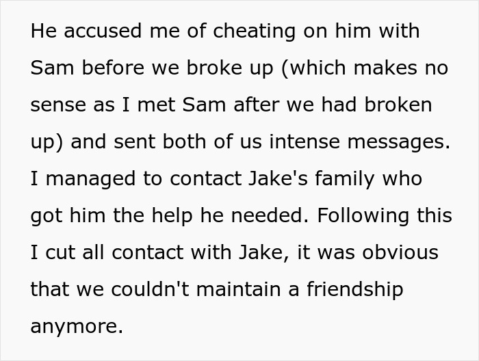 Text describing a pregnant woman cutting off an unstable ex after her sister-in-law keeps feeding him information.