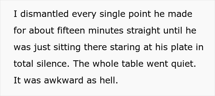 Man plays expert at dinner party but real expert calmly dismantles his arguments, leaving an awkward silence.