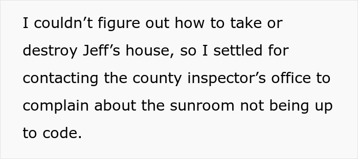Text on a screen shows a wife's friend's revenge idea: destroying his new life by complaining about a sunroom.