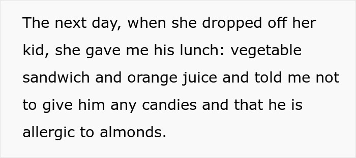 Text describing a child's vegetable sandwich lunch and almond allergy, hinting at efforts to transition son into vegan.