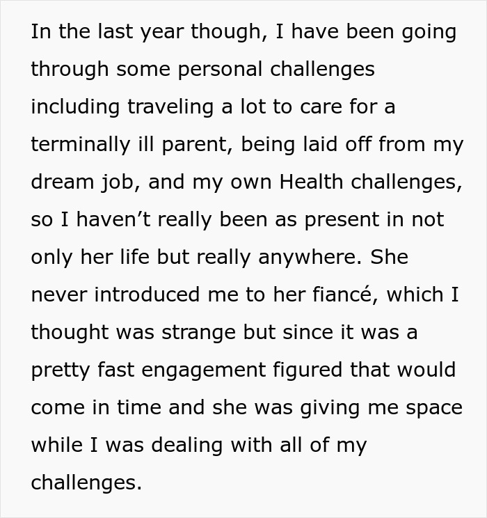 A screenshot of text on a light background, detailing personal challenges faced before a Christian bride's wedding.