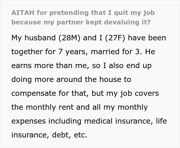 Woman fakes quitting her job due to husband's disrespect, considering to quit the marriage instead.