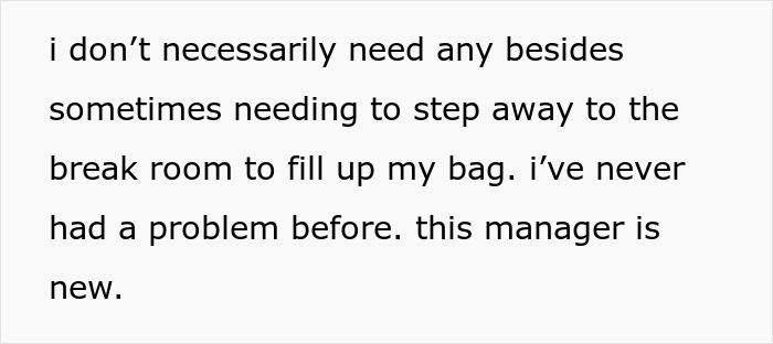 Text describing a woman needing to use her feeding tube, with a new manager creating issues.