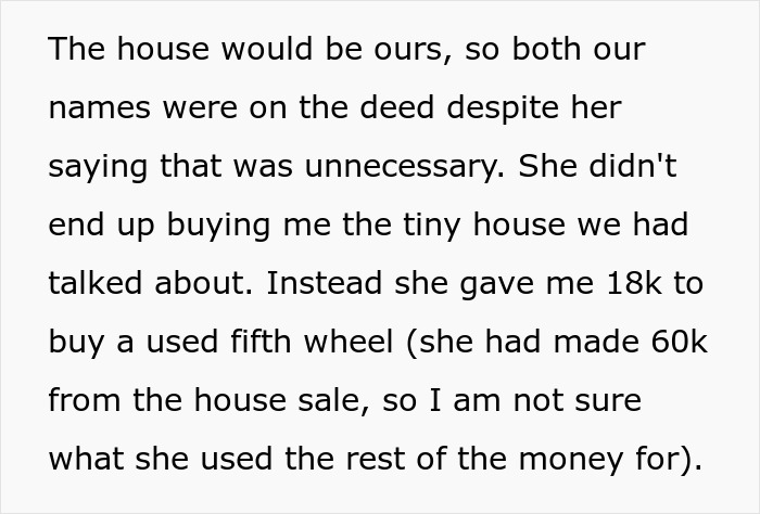 Text excerpt showing a woman sharing a crazy story about her mom involving house sale money and a used fifth wheel.
