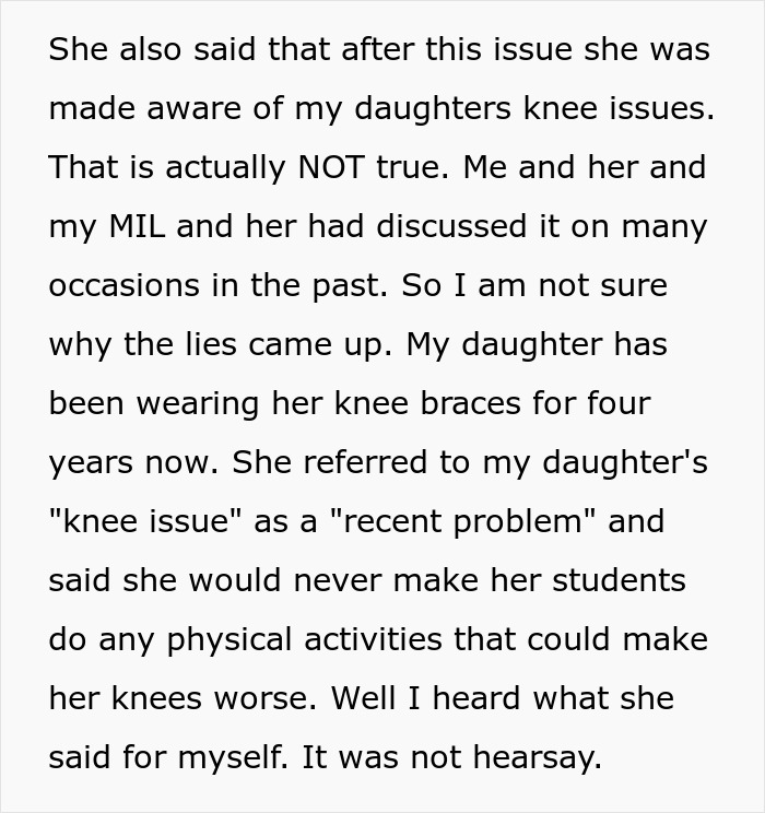 Text excerpt discussing a mom addressing her daughter's knee issues after a teacher grabs kids in front of mom controversy.